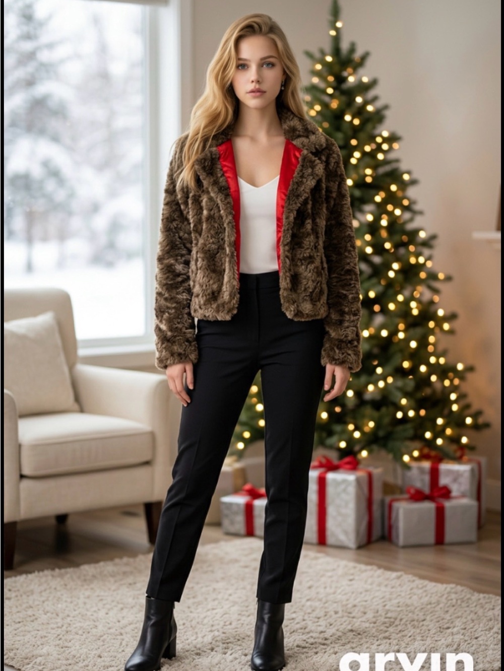 Frederick's of Hollywood Brown Faux Fur Teddy Jacket with Red Lining
